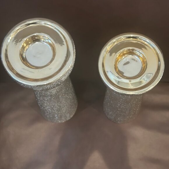 NWOT Set of 2 Luxury Champagne Beaded Ceramic Decorative Candle Holders - Picture 14 of 16